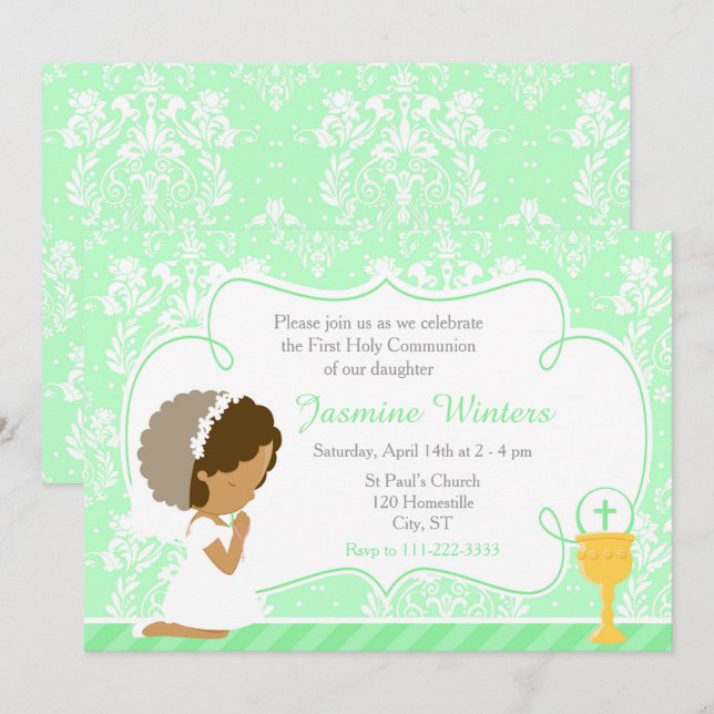 Invitación Damasco de primera comunión de Chica afroamericano (Anverso / Reverso)