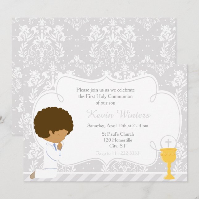Invitación Damasco de primera comunión de niño afroamericano (Anverso / Reverso)