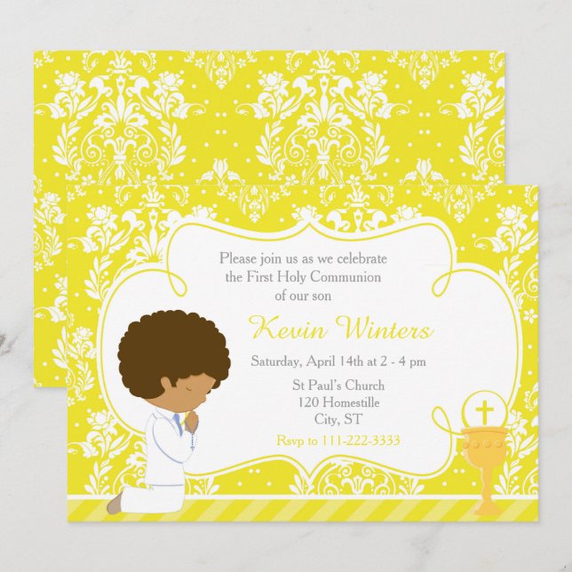 Invitación Damasco de primera comunión de niño afroamericano (Anverso / Reverso)