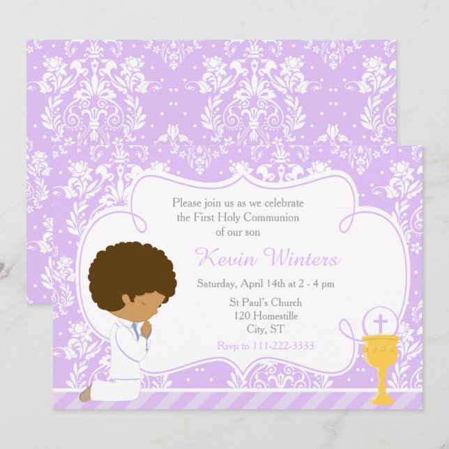 Invitación Damasco de primera comunión de niño afroamericano (Anverso / Reverso)