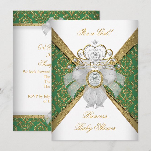 Invitación Damasco de Princesa Blanca Verde Chica de Baby Sho (Anverso / Reverso)