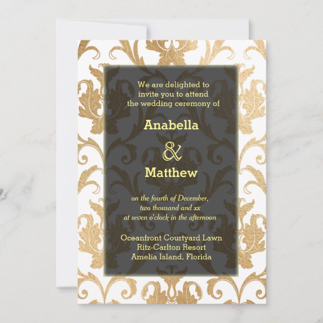 Invitación Damasco de remolinos de oro (Anverso)