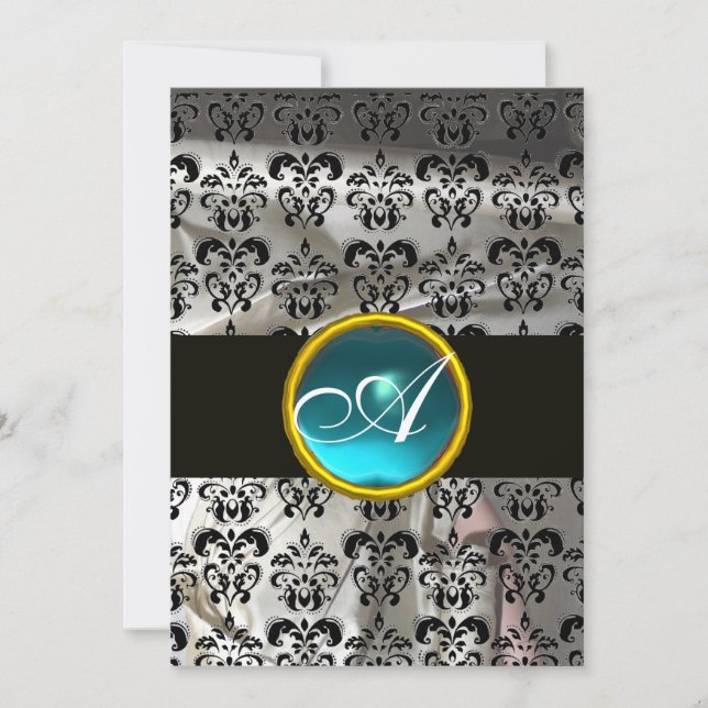 INVITACIÓN DAMASCO DE SEDA NEGRO BLANCO MONOGRAMA DE JOYA AZU (Anverso)