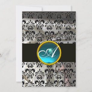 INVITACIÓN DAMASCO DE SEDA NEGRO BLANCO MONOGRAMA DE JOYA AZU