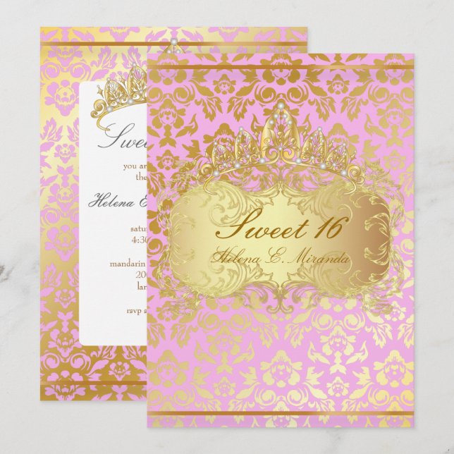 INVITACIÓN DAMASCO DE TONO DOLOR 16/PRINCESS/PINK+GOLD (Anverso / Reverso)