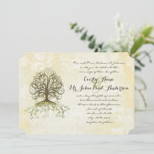 Invitación Damasco de vintage de árbol de nado verde marrón y