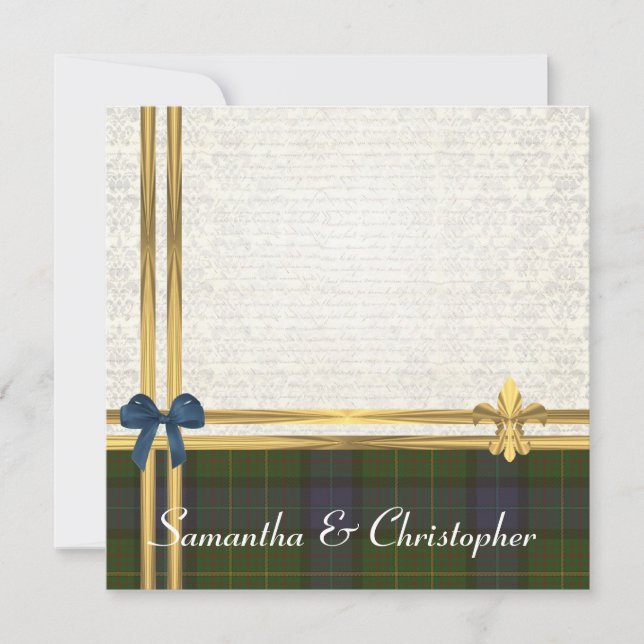 Invitación Damasco del blanco de la cinta del tartán y del (Anverso)