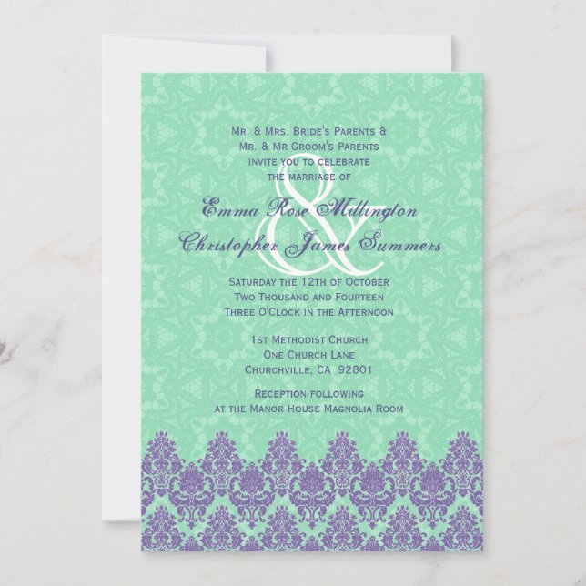 Invitación Damasco del cordón de la púrpura y de la verde (Anverso)