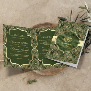 Invitación Damasco Dorado Cazador Verde Boda Musulmana Islámi