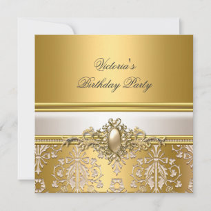 Invitación Damasco Dorado Crema Blanca Cumpleaños Perla Fiest