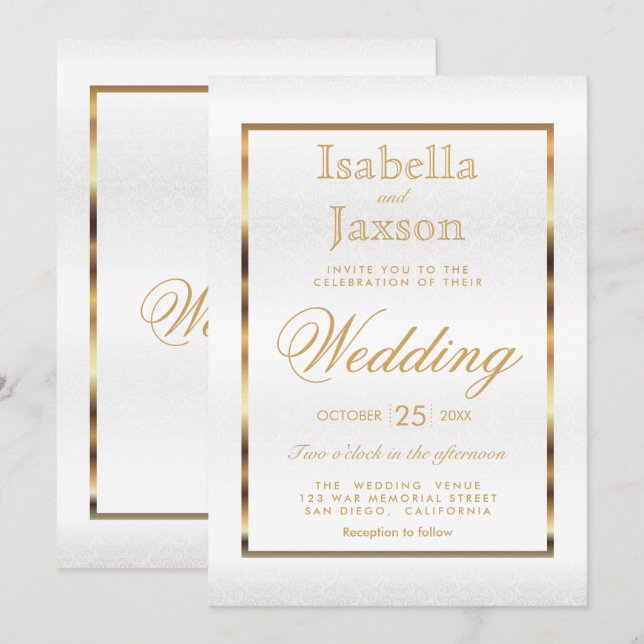 Invitación Damasco dorado y blanco - Boda (Anverso / Reverso)