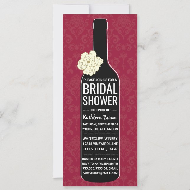 Invitación Damasco elegante | Ducha de novia de vino rojo (Anverso)