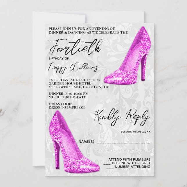 Invitación Damasco elegante, Pink Stilettos 40º cumpleaños (Anverso)