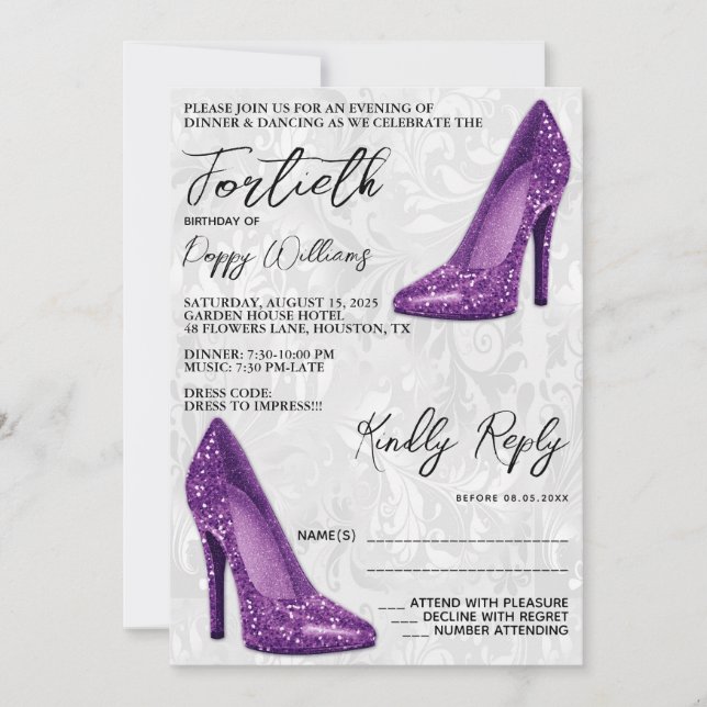 Invitación Damasco elegante, Púrpura Stilettos 40 cumpleaños (Anverso)