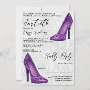Invitación Damasco elegante, Púrpura Stilettos 40 cumpleaños