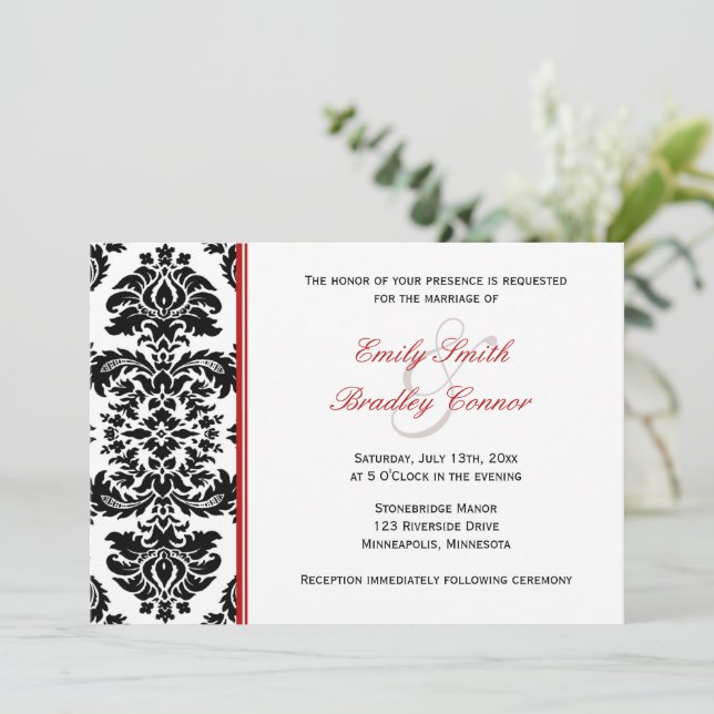 Invitación Damasco elegante rojo y negro | BODA (Anverso de pie)