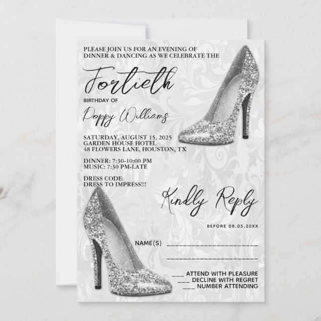 Invitación Damasco elegante, Stilettos plateados 40 cumpleaño (Anverso)