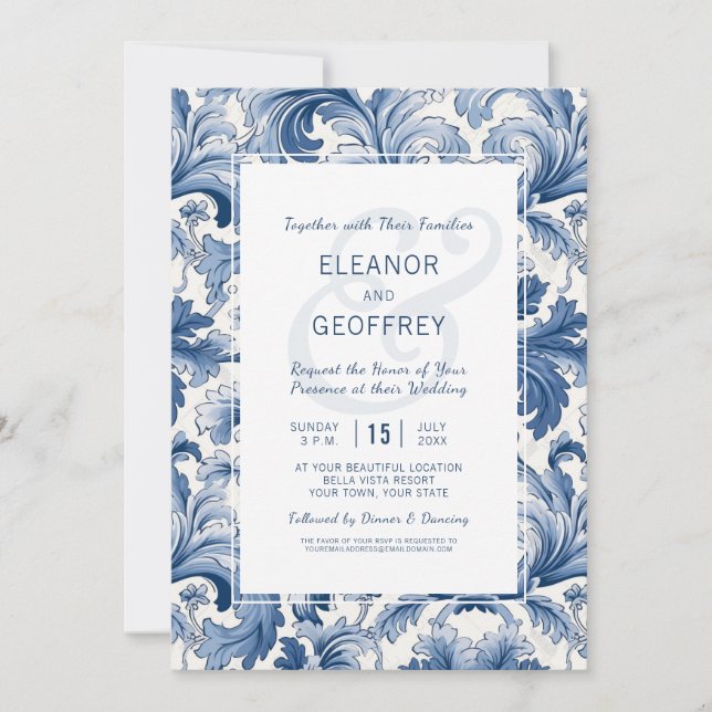 Invitación Damasco elegante tradicional con grabado azul y bl (Anverso)