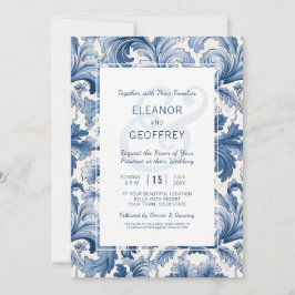 Invitación Damasco elegante tradicional con grabado azul y bl
