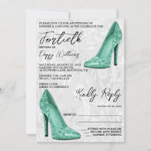 Invitación Damasco elegante, Verde azulado Stilettos 40 cumpl