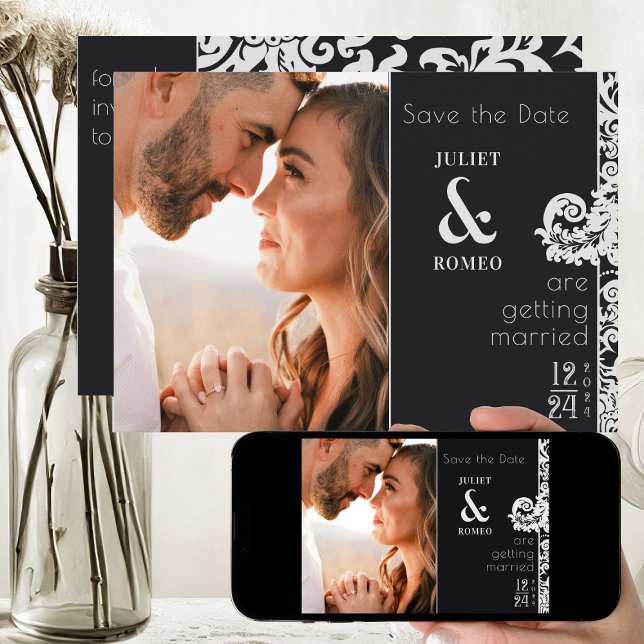 Invitación Damasco floral blanco y negro moderno salva la fec (elegant black and white floral damask save the date wedding invitation)