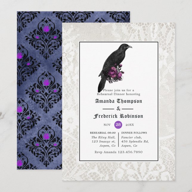 Invitación Damasco floral y cena de ensayo gótico de encaje (Anverso / Reverso)