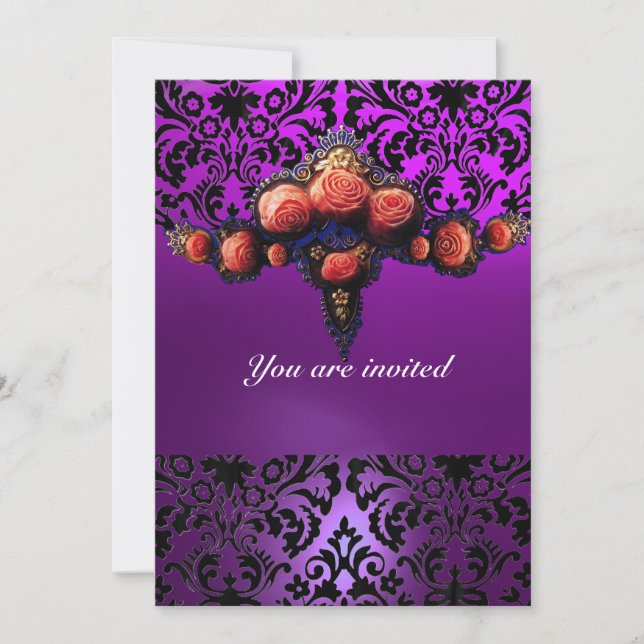INVITACIÓN DAMASCO GEMA Y ROSAS ROSADAS MONOGRAMA (Anverso)