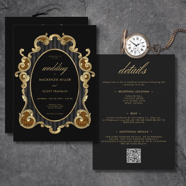 Invitación Damasco gótico rayado negro marco dorado a dos lad (Gothic Striped Damask Black & Gold Frame Wedding Invitation)