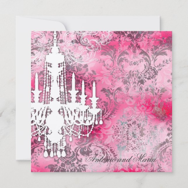 Invitación Damasco gris Champán M del rosa de la lámpara de (Anverso)