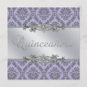Invitación Damasco gris y púrpura elegante Quinceanera