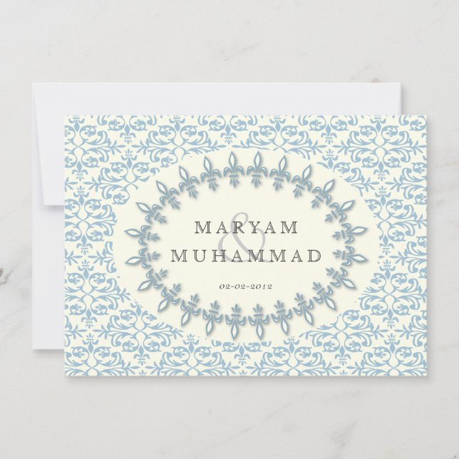 Invitación Damasco islámico de boda compromiso flor azul (Anverso)