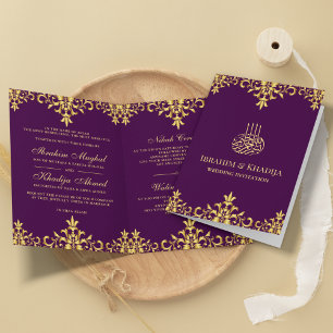Invitación Damasco Islámico de Boda con Hojas de Oro y Púrpur