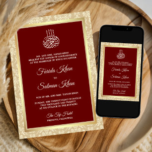Invitación Damasco Islámico Musulmán de Boda Rojo Crema