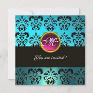 Invitación DAMASCO MONOGRAMA AZUL NEGRO, amatista rosa turque