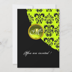 Invitación DAMASCO MONOGRAMA NEGRO Y AMARILLO, topacio verde