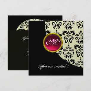 Invitación Damasco monograma negro y blanco, rubí rojo, plata