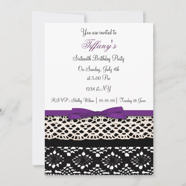 Invitación damasco morado de encaje Dulce Dieciséis invitacio (Anverso)