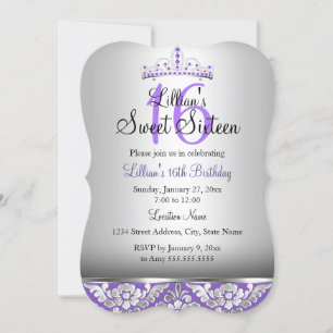 Invitación Damasco morado de plata y tiara dulce 16 invitas