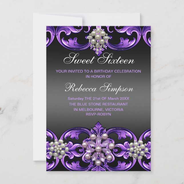 Invitación Damasco morado/negro y dulces de la Perla16 invita (Anverso)