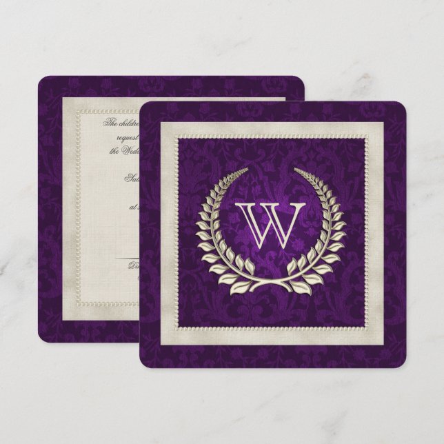 Invitación Damasco morado y boda de las Perlas juran renovaci (Anverso / Reverso)