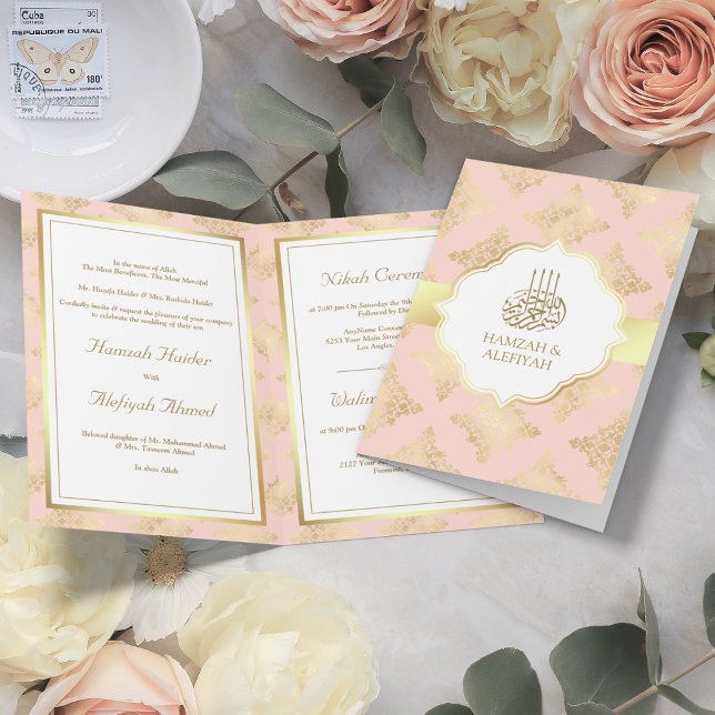 Invitación Damasco Musulmán Bodas Rústico Rosa Beige Dorado (Subido por el creador)