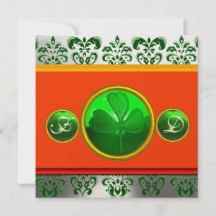 INVITACIÓN DAMASCO NARANJA BLANCO VERDE ,MONOGRAMA DE TRÉBOL 