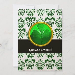 Invitación DAMASCO NARANJA VERDE CON TREBOL Negro Blanco