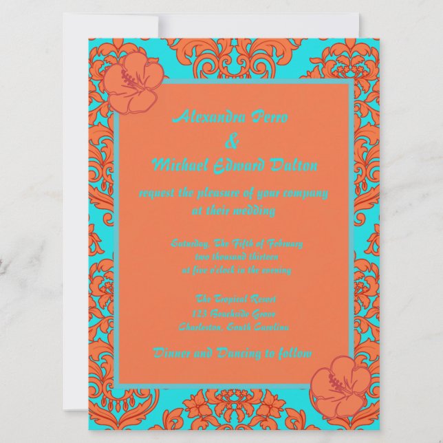 Invitación Damasco Naranja y turquesa (Anverso)