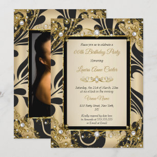 Invitación Damasco Negro Beige Dorado Foto Fiesta Cumpleaños