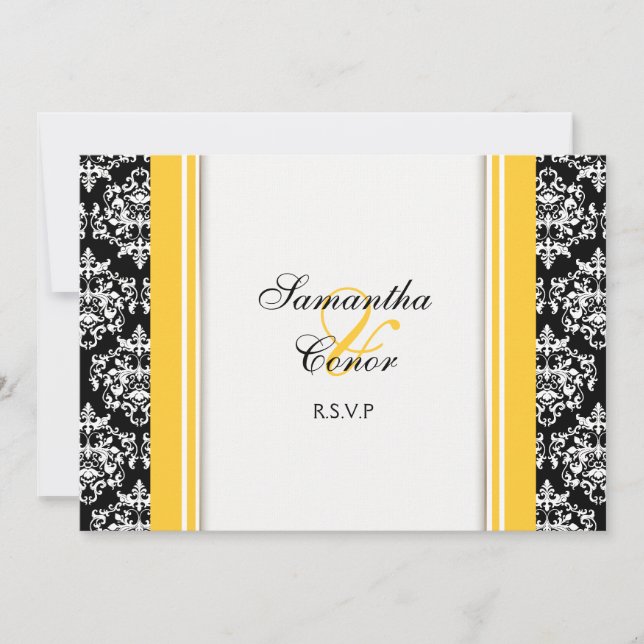 Invitación Damasco negro blanco amarillo boda compromiso (Anverso)