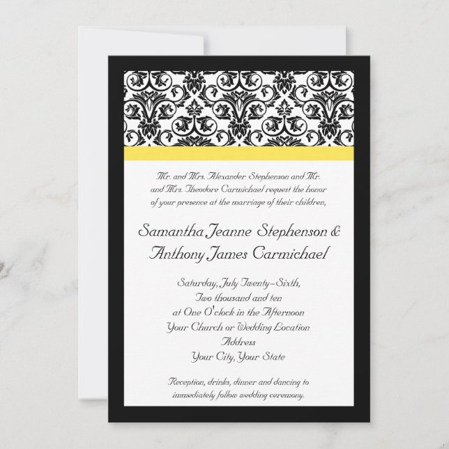 Invitación Damasco negro/blanco con amarillo vibrante (Anverso)