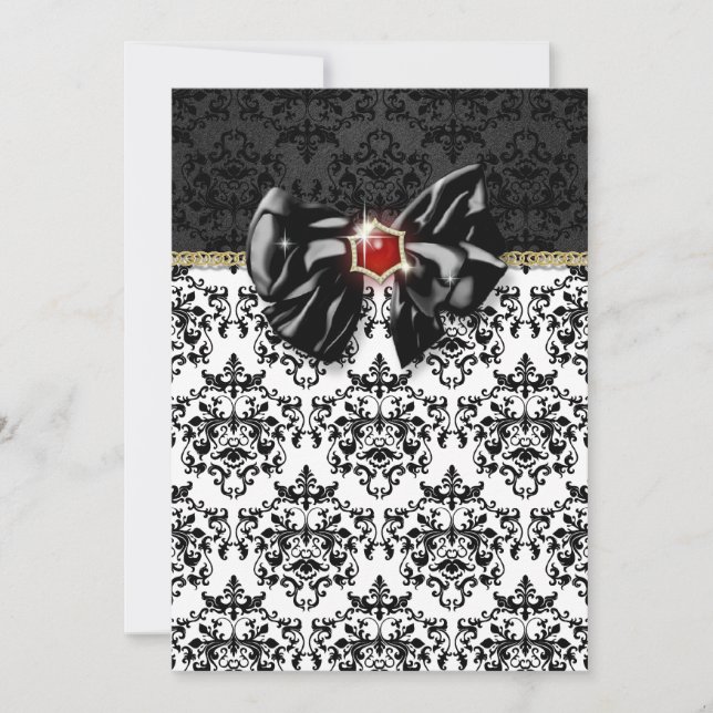 Invitación Damasco negro blanco rojo elegante (Anverso)