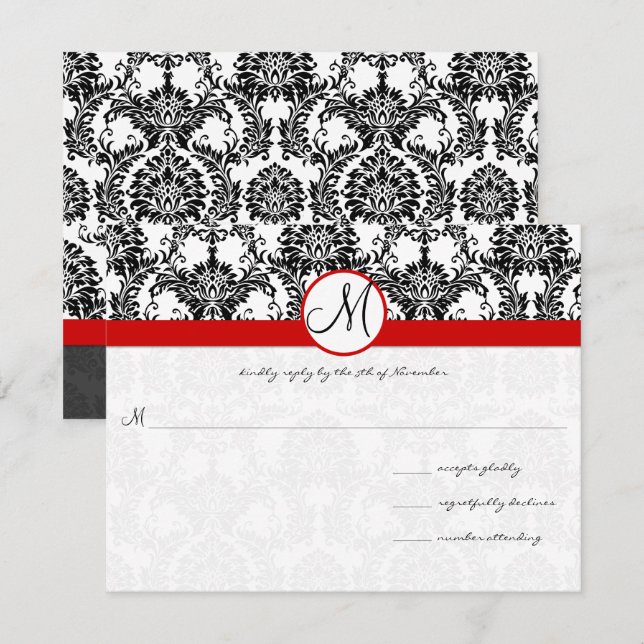 Invitación Damasco negro con Boda del guarnecido rojo (Anverso / Reverso)