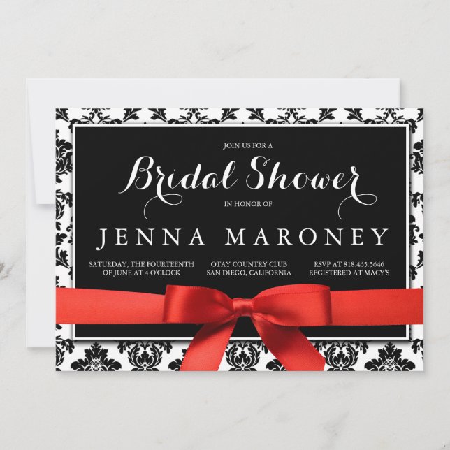 Invitación Damasco negro con ducha de novia de cinta roja (Anverso)